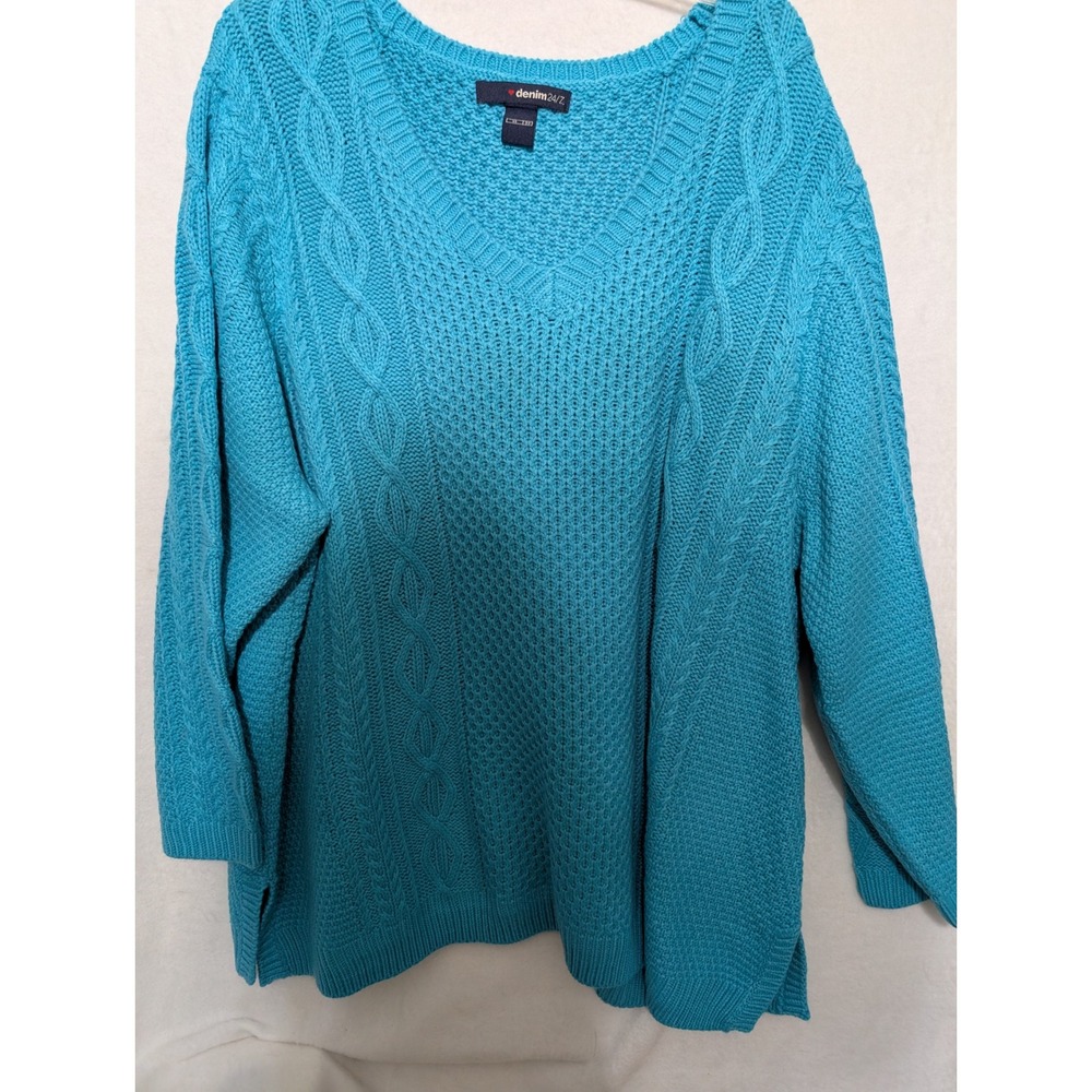 Denim 24/7 Womens Plus Size 3X Turquoise Blue Cable Knit V-Neck Pullover Sweater
